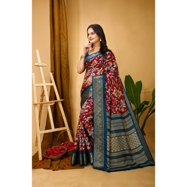 Generic Women's Soft Dola Cotton Kalamkari Printed Saree With Unstitched Blouse 5.5Mtr (Red) - Red