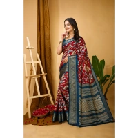 Generic Women's Soft Dola Cotton Kalamkari Printed Saree With Unstitched Blouse 5.5Mtr (Red) - Red