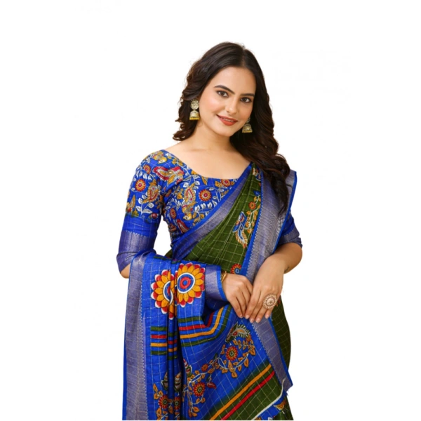 Generic Women's Soft Dola Cotton Kalamkari Printed Saree With Unstitched Blouse 5.5Mtr (Mehendi) - Mehendi