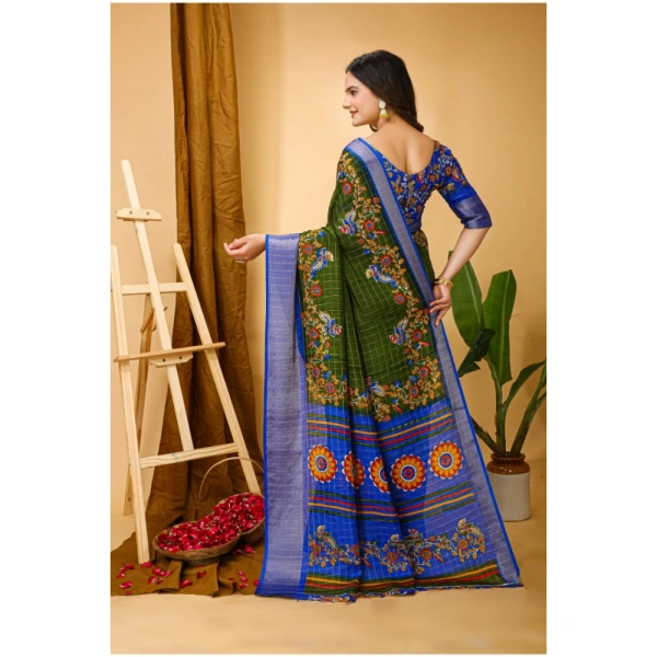 Generic Women's Soft Dola Cotton Kalamkari Printed Saree With Unstitched Blouse 5.5Mtr (Mehendi) - Mehendi