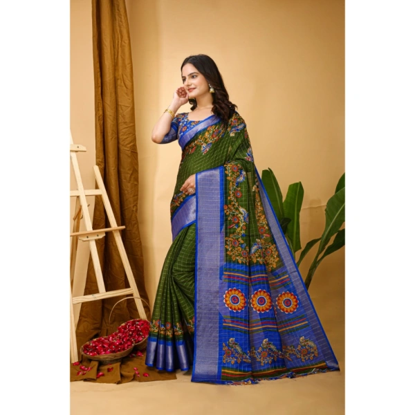 Generic Women's Soft Dola Cotton Kalamkari Printed Saree With Unstitched Blouse 5.5Mtr (Mehendi) - Mehendi