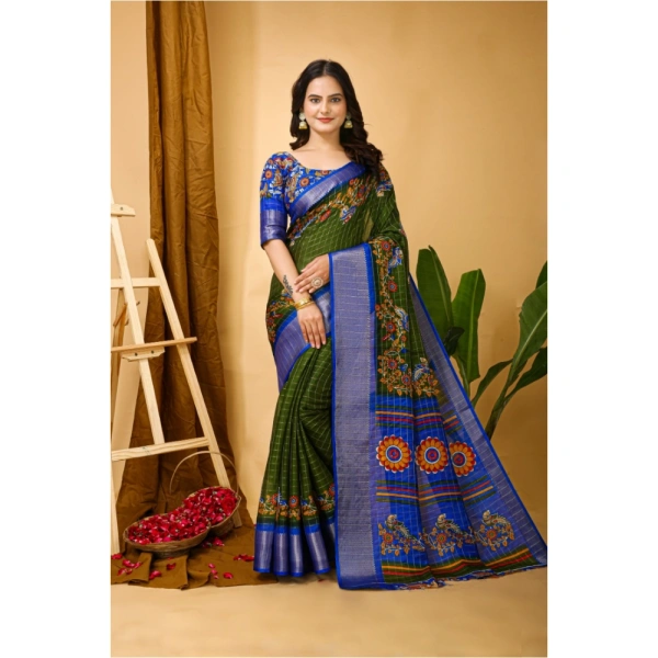 Generic Women's Soft Dola Cotton Kalamkari Printed Saree With Unstitched Blouse 5.5Mtr (Mehendi) - Mehendi