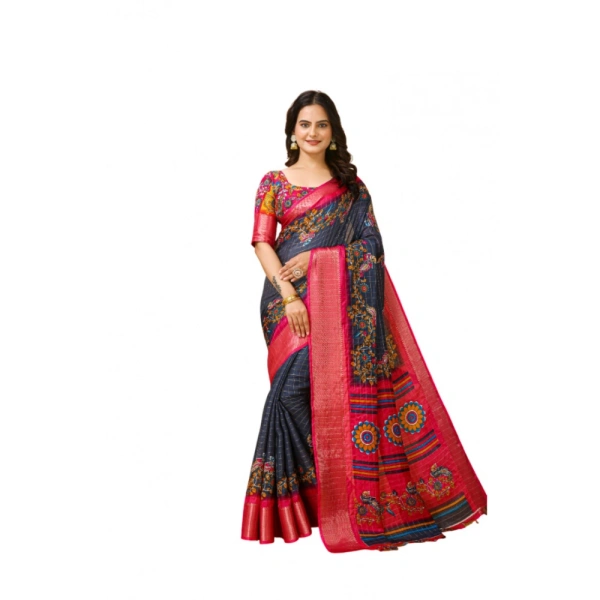 Generic Women's Soft Dola Cotton Kalamkari Printed Saree With Unstitched Blouse 5.5Mtr (Grey) - Grey