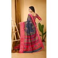 Generic Women's Soft Dola Cotton Kalamkari Printed Saree With Unstitched Blouse 5.5Mtr (Grey) - Grey