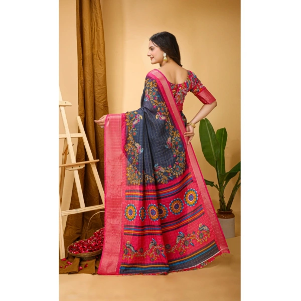 Generic Women's Soft Dola Cotton Kalamkari Printed Saree With Unstitched Blouse 5.5Mtr (Grey) - Grey