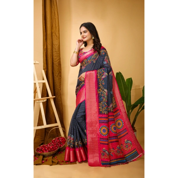 Generic Women's Soft Dola Cotton Kalamkari Printed Saree With Unstitched Blouse 5.5Mtr (Grey) - Grey