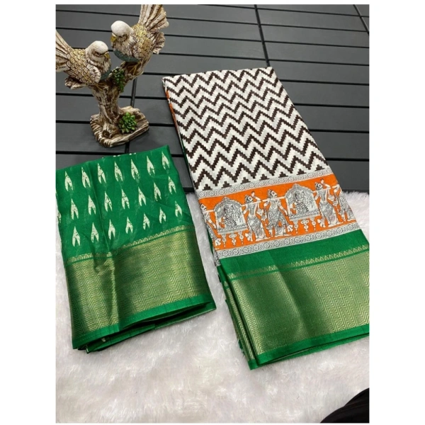 Generic Women's Soft Dola Cotton Kalamkari Printed Saree With Unstitched Blouse 5.5Mtr (Green) - Green