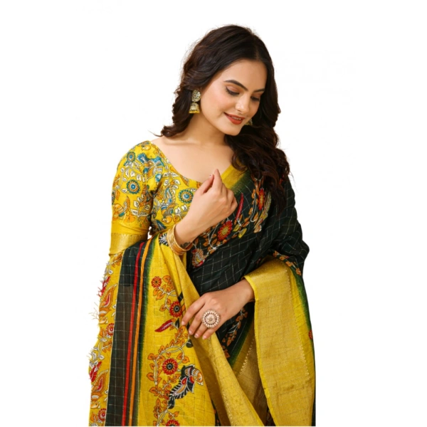 Generic Women's Soft Dola Cotton Kalamkari Printed Saree With Unstitched Blouse 5.5Mtr (Green) - Green