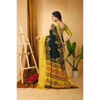 Generic Women's Soft Dola Cotton Kalamkari Printed Saree With Unstitched Blouse 5.5Mtr (Green) - Green