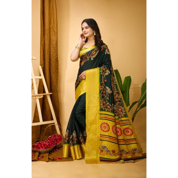Generic Women's Soft Dola Cotton Kalamkari Printed Saree With Unstitched Blouse 5.5Mtr (Green) - Green