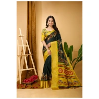 Generic Women's Soft Dola Cotton Kalamkari Printed Saree With Unstitched Blouse 5.5Mtr (Green) - Green