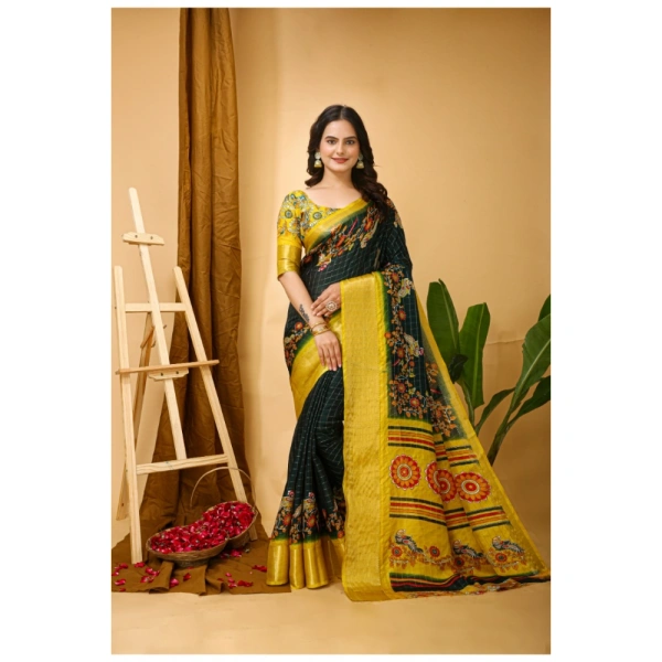 Generic Women's Soft Dola Cotton Kalamkari Printed Saree With Unstitched Blouse 5.5Mtr (Green) - Green