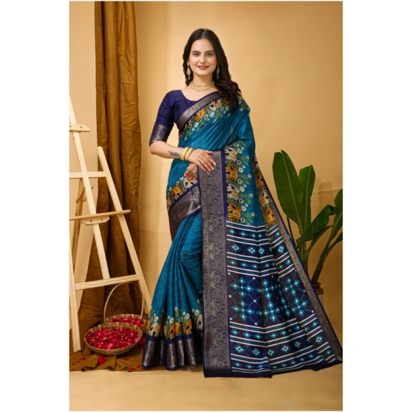 Generic Women's Soft Dola Cotton Kalamkari Printed Saree With Unstitched Blouse 5.5Mtr (Blue) - Blue