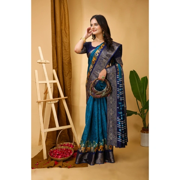 Generic Women's Soft Dola Cotton Kalamkari Printed Saree With Unstitched Blouse 5.5Mtr (Blue) - Blue