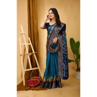 Generic Women's Soft Dola Cotton Kalamkari Printed Saree With Unstitched Blouse 5.5Mtr (Blue) - Blue