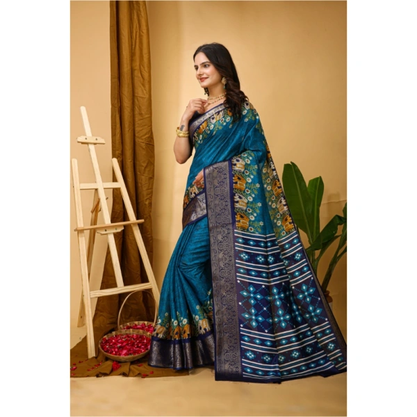 Generic Women's Soft Dola Cotton Kalamkari Printed Saree With Unstitched Blouse 5.5Mtr (Blue) - Blue