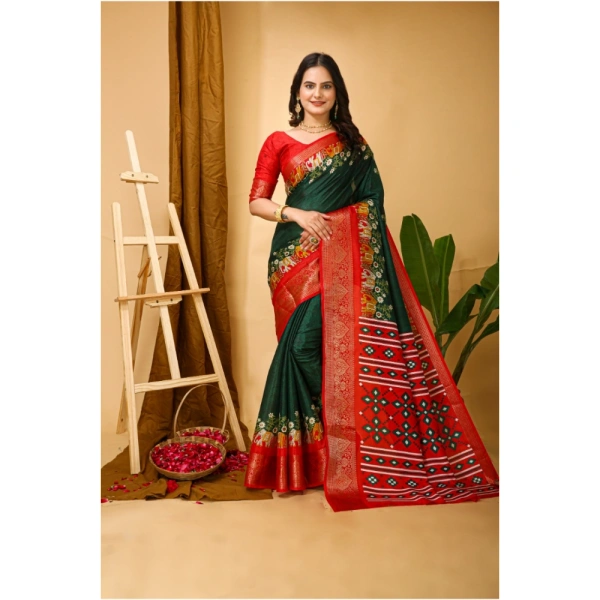 Generic Women's Soft Dola Cotton Kalamkari Printed Saree With Unstitched Blouse 5.5Mtr (Green) - Green