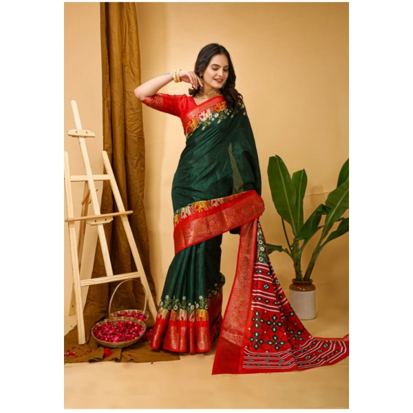Generic Women's Soft Dola Cotton Kalamkari Printed Saree With Unstitched Blouse 5.5Mtr (Green) - Green