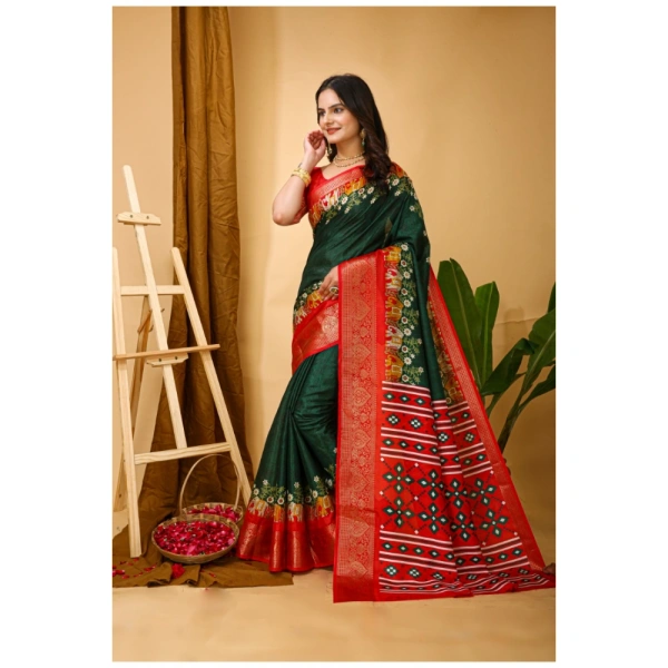 Generic Women's Soft Dola Cotton Kalamkari Printed Saree With Unstitched Blouse 5.5Mtr (Green) - Green