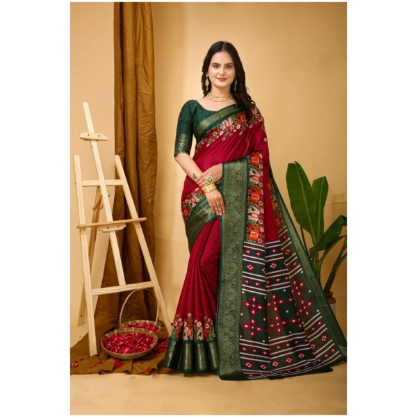 Generic Women's Soft Dola Cotton Kalamkari Printed Saree With Unstitched Blouse 5.5Mtr (Red) - Red