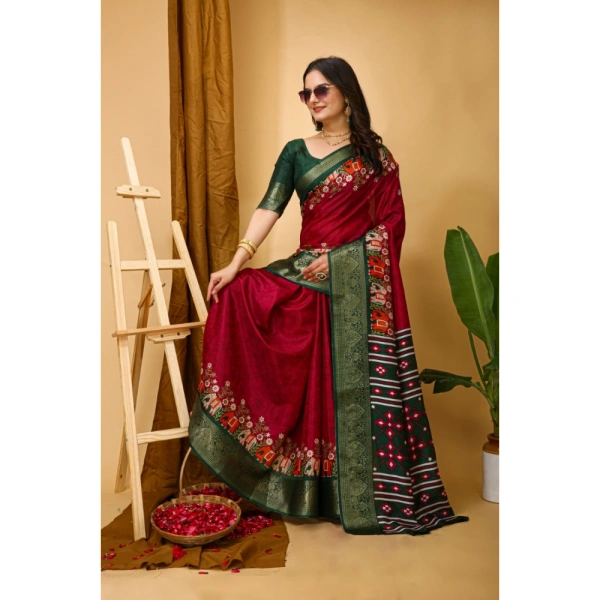 Generic Women's Soft Dola Cotton Kalamkari Printed Saree With Unstitched Blouse 5.5Mtr (Red) - Red