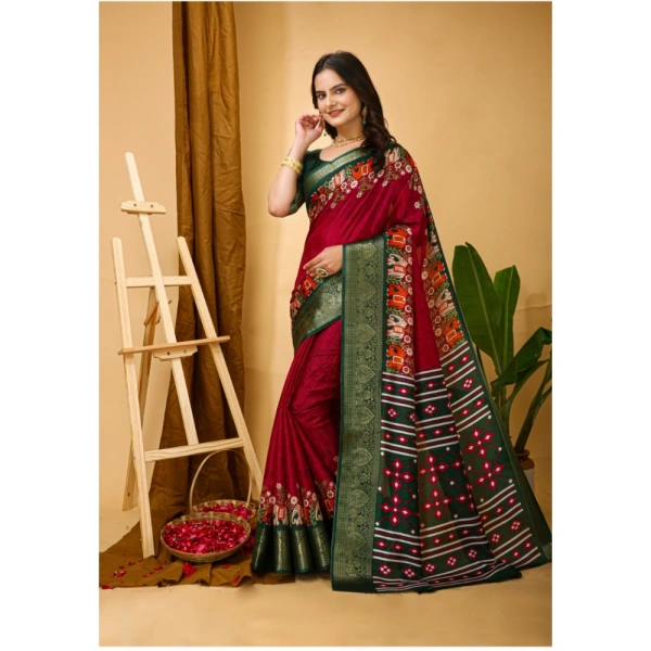 Generic Women's Soft Dola Cotton Kalamkari Printed Saree With Unstitched Blouse 5.5Mtr (Red) - Red