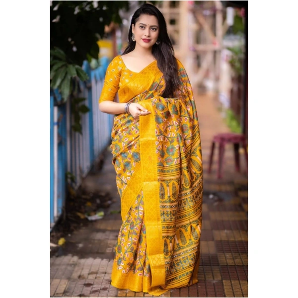 Generic Women's Soft Dola Cotton Kalamkari Printed Saree With Unstitched Blouse 5.5Mtr (Yellow) - Yellow