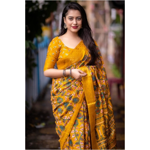 Generic Women's Soft Dola Cotton Kalamkari Printed Saree With Unstitched Blouse 5.5Mtr (Yellow) - Yellow