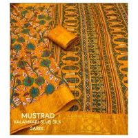 Generic Women's Soft Dola Cotton Kalamkari Printed Saree With Unstitched Blouse 5.5Mtr (Yellow) - Yellow