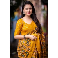 Generic Women's Soft Dola Cotton Kalamkari Printed Saree With Unstitched Blouse 5.5Mtr (Yellow) - Yellow