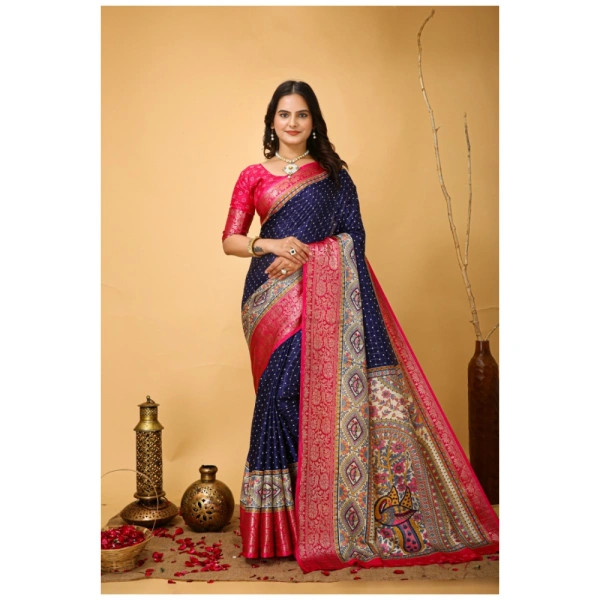 Generic Women's Soft Dola Cotton Kalamkari Printed Saree With Unstitched Blouse 5.5Mtr (Navy Blue) - Navy Blue