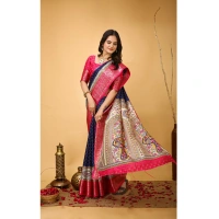 Generic Women's Soft Dola Cotton Kalamkari Printed Saree With Unstitched Blouse 5.5Mtr (Navy Blue) - Navy Blue