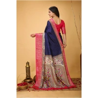 Generic Women's Soft Dola Cotton Kalamkari Printed Saree With Unstitched Blouse 5.5Mtr (Navy Blue) - Navy Blue