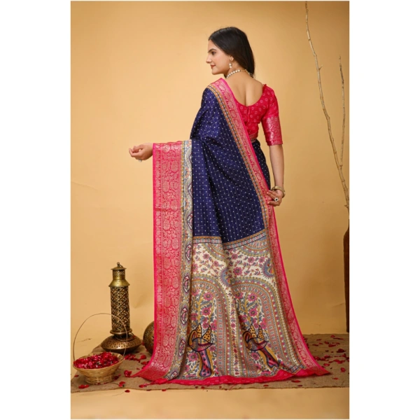 Generic Women's Soft Dola Cotton Kalamkari Printed Saree With Unstitched Blouse 5.5Mtr (Navy Blue) - Navy Blue