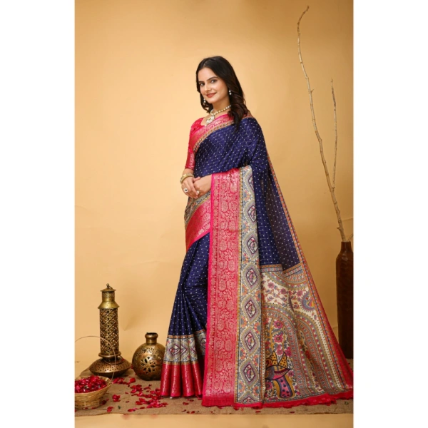 Generic Women's Soft Dola Cotton Kalamkari Printed Saree With Unstitched Blouse 5.5Mtr (Navy Blue) - Navy Blue