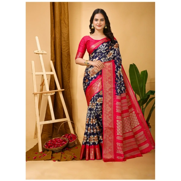 Generic Women's Soft Dola Cotton Kalamkari Printed Saree With Unstitched Blouse 5.5Mtr (Navy Blue) - Navy Blue