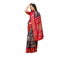 Generic Women's Soft Dola Cotton Kalamkari Printed Saree With Unstitched Blouse 5.5Mtr (Navy Blue) - Navy Blue