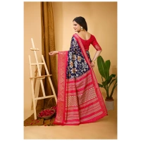 Generic Women's Soft Dola Cotton Kalamkari Printed Saree With Unstitched Blouse 5.5Mtr (Navy Blue) - Navy Blue