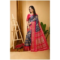 Generic Women's Soft Dola Cotton Kalamkari Printed Saree With Unstitched Blouse 5.5Mtr (Navy Blue) - Navy Blue