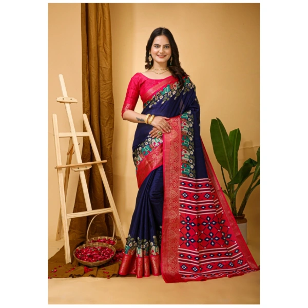 Generic Women's Soft Dola Cotton Kalamkari Printed Saree With Unstitched Blouse 5.5Mtr (Navy Blue) - Navy Blue