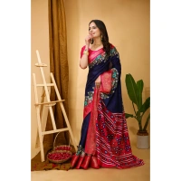Generic Women's Soft Dola Cotton Kalamkari Printed Saree With Unstitched Blouse 5.5Mtr (Navy Blue) - Navy Blue