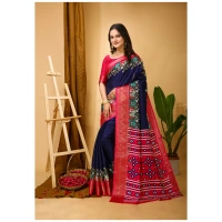 Generic Women's Soft Dola Cotton Kalamkari Printed Saree With Unstitched Blouse 5.5Mtr (Navy Blue) - Navy Blue