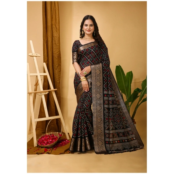 Generic Women's Soft Dola Cotton Kalamkari Printed Saree With Unstitched Blouse 5.5Mtr (Black) - Black