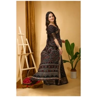 Generic Women's Soft Dola Cotton Kalamkari Printed Saree With Unstitched Blouse 5.5Mtr (Black) - Black