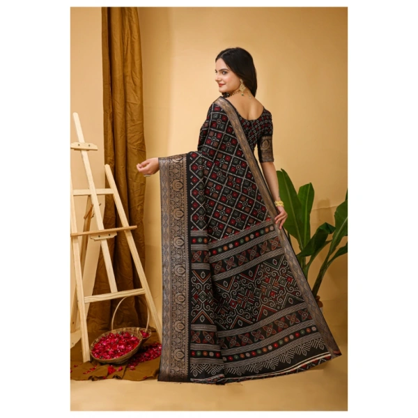 Generic Women's Soft Dola Cotton Kalamkari Printed Saree With Unstitched Blouse 5.5Mtr (Black) - Black