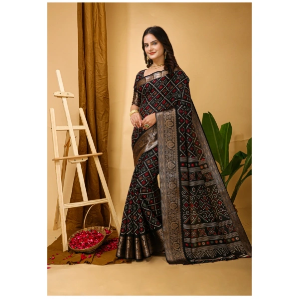 Generic Women's Soft Dola Cotton Kalamkari Printed Saree With Unstitched Blouse 5.5Mtr (Black) - Black