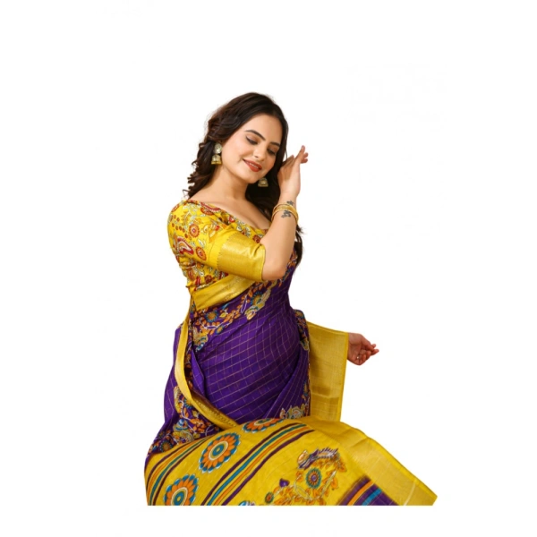 Generic Women's Soft Dola Cotton Kalamkari Printed Saree With Unstitched Blouse 5.5Mtr (Purple) - Purple