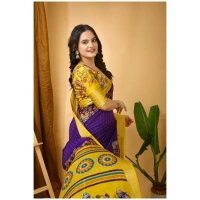 Generic Women's Soft Dola Cotton Kalamkari Printed Saree With Unstitched Blouse 5.5Mtr (Purple) - Purple