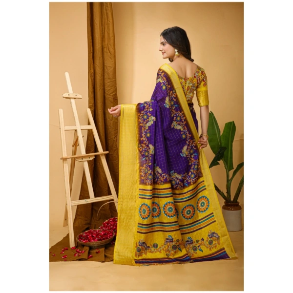 Generic Women's Soft Dola Cotton Kalamkari Printed Saree With Unstitched Blouse 5.5Mtr (Purple) - Purple