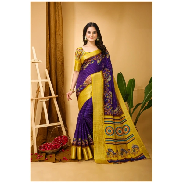 Generic Women's Soft Dola Cotton Kalamkari Printed Saree With Unstitched Blouse 5.5Mtr (Purple) - Purple